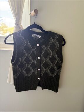 Zara Black & Gray Diamond Mohair-Blend Button Vest